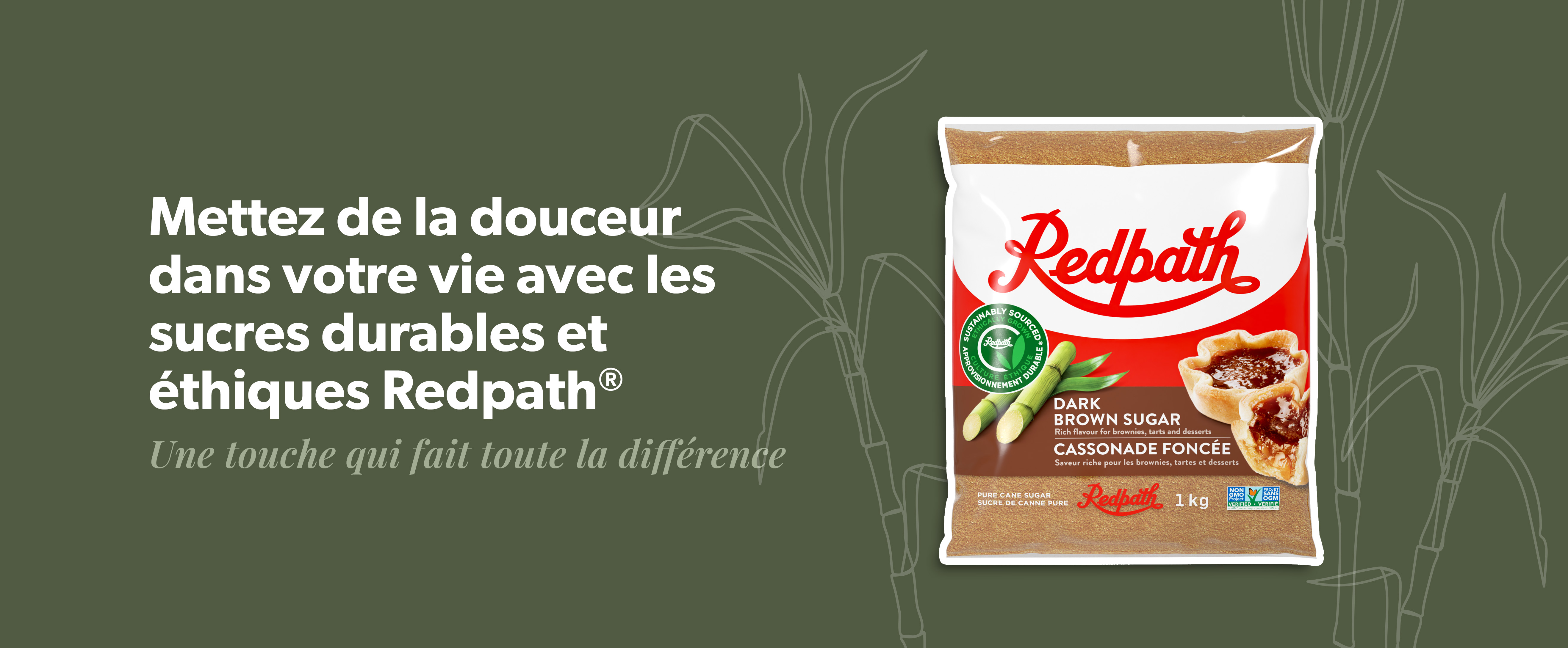 Un sac de cassonade foncée avec texte Une touche qui fait toute la différence